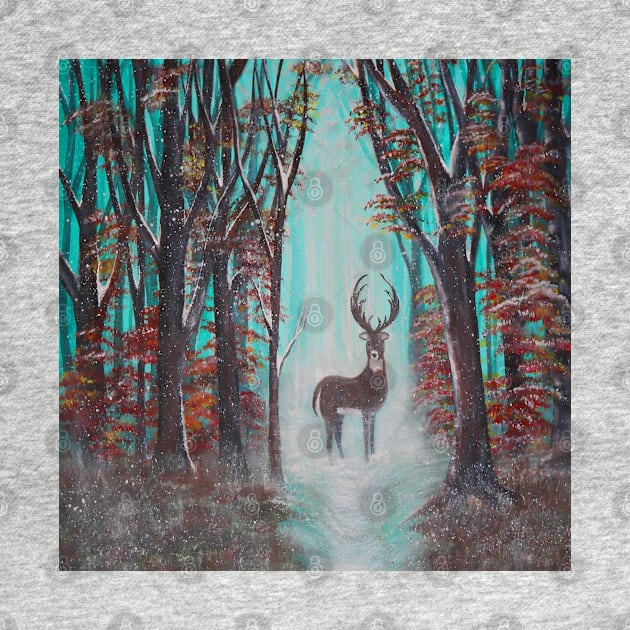 White Tail Deer, Buck Fall/Winter Art, Fall Red & Orange Leaves, Misty Teal background, Beautiful Gifts available on many products by tamdevo1